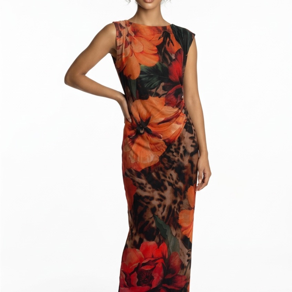 Boohoo Orange Floral & Leopard Print Maxi Dress